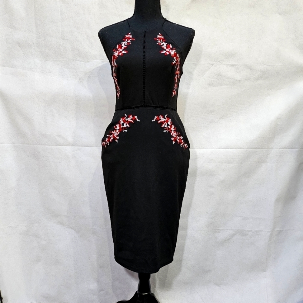 Bisou Bisou Halter Form Fitting Embroidered Floral Black Cut Out Dress Size 2